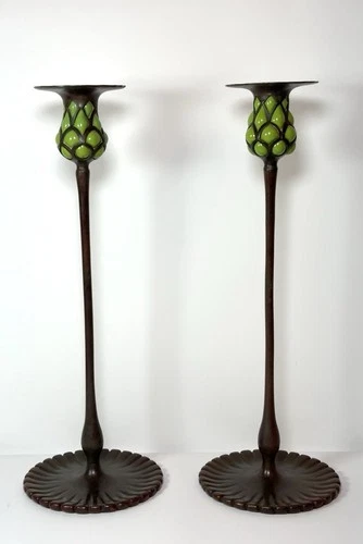 Tiffany Studios Bronze Pineapple Candlesticks Pair Favrile Glass Model 1070