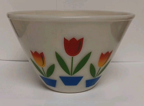 Vintage Lg Fire King Mixing Nesting Bowl Tulip Flowers Off-White Milk Glass 9.5"