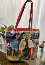 Isabella Fiore Multicolor Art Graphic Tote Beaded Sequin Applique Red Straps Zip