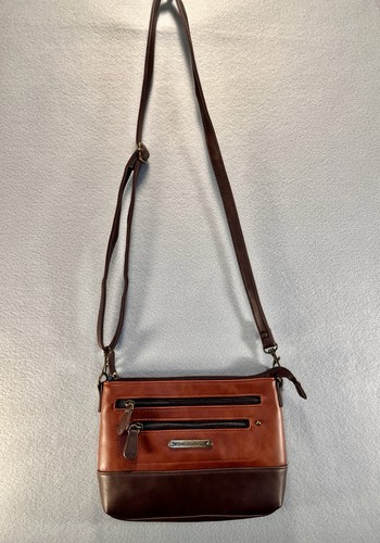 Stone Mountain USA Crossbody Bag Cognac Brown Multi Zip Pockets Adjustable Strap