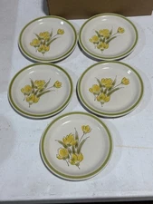 Set of 5 - Stonybrook Stoneware by Japan Salad Plates Yellow Flowers Green Rim