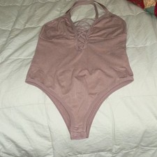 Mauve Lace-Up Strap Halter Women's One Piece Bodysuit Stretch Solid