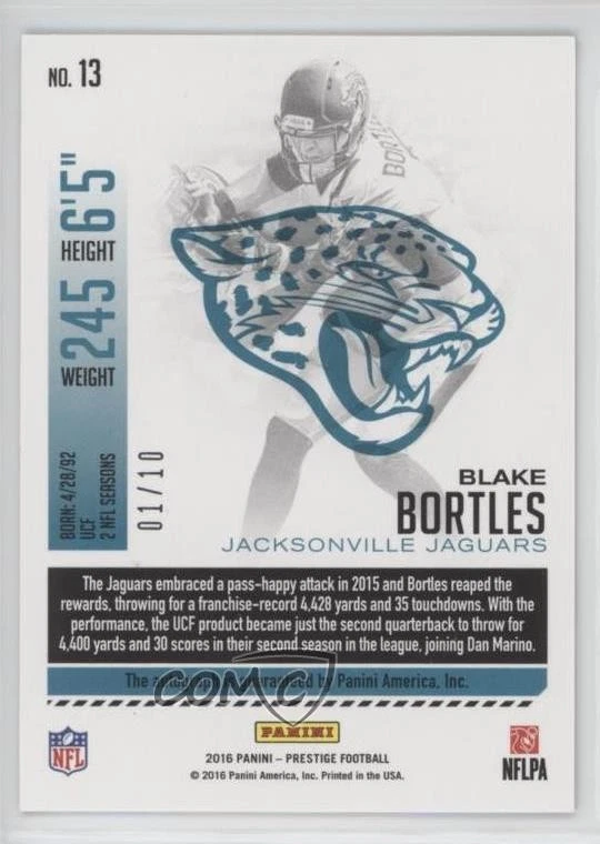 2016 Panini Prestige Veteran Signatures Xtra Points Gold /10 Blake Bortles Auto - Image 2 of 2