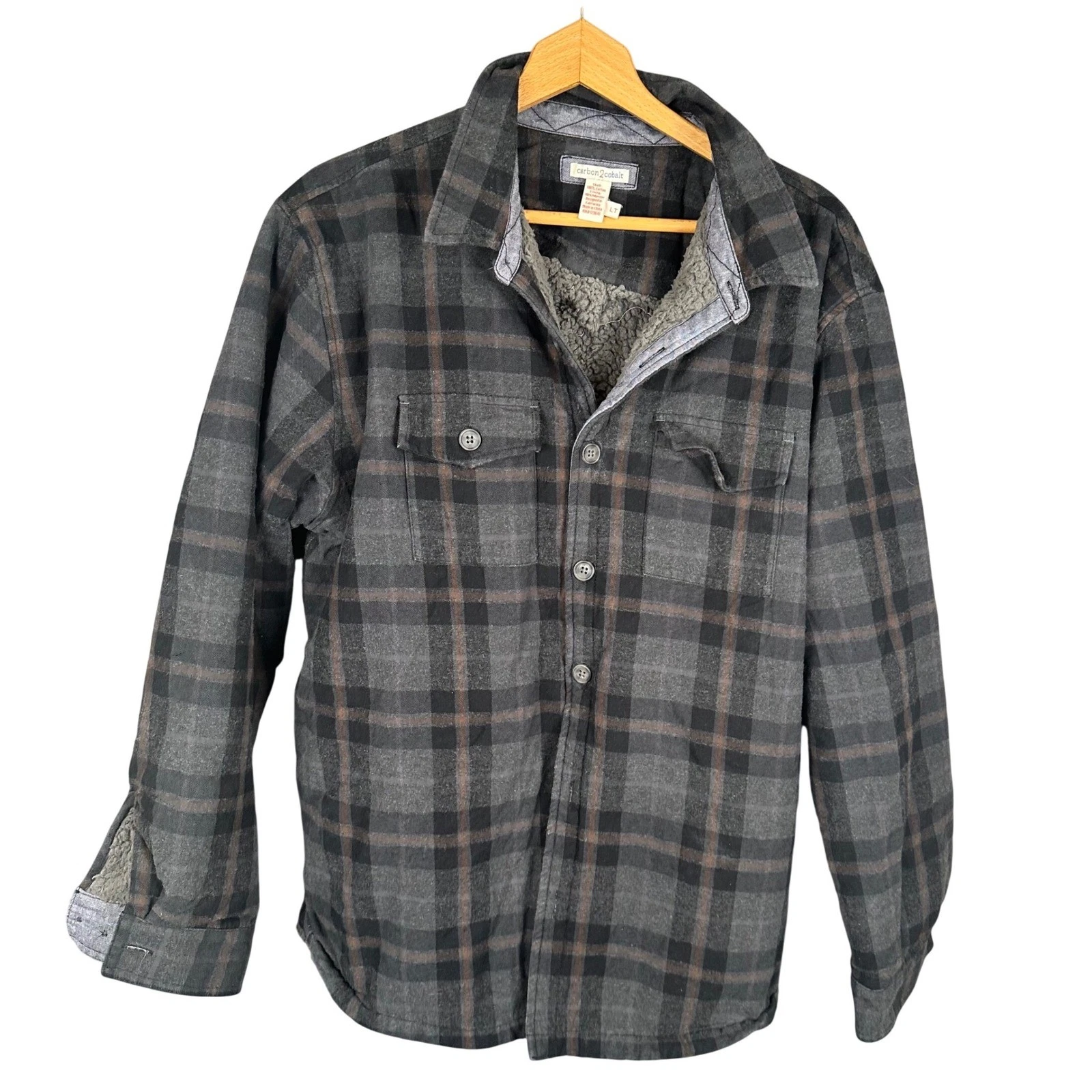Carbon2Cobalt Mens Plaid Sherpa Lined Flannel Shirt Jacket Charcoal Brown LT