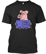 Funny Pig Reading How To Fly Book T-Shirt Made in the USA Size S to 5XL