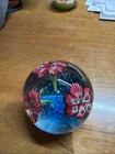 Vintage Millefiori Murano Art Glass Paperweight  Blue & Red Flower  3” Wide