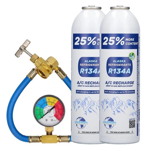 Double Alaska Refrigerants Replacement Kit R134a Auto + Hose & Pressure Gauge