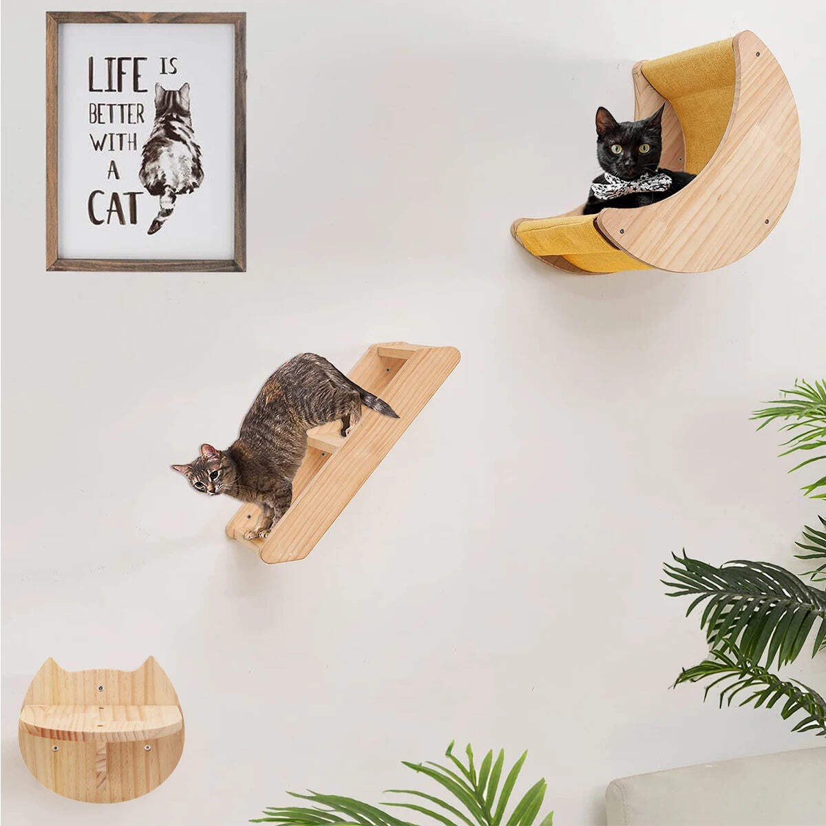 Cat Wall Shelf Moon Shaped Hammock Solid Wood Climbing Steps Indoor Furniture