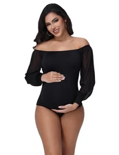 JustVH Women's Maternity Off Shoulder Neck Lantern Sleeve Bodysuit Jumpsuit for