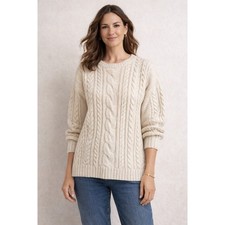 LL Bean Signature Cotton Fisherman Sweater Cream Cable Knit Large Tall Heavy
