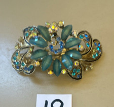 Blue Floral Flower Rhinestone Barrette Hair Clip, Gold Tone Metal, Clear Accents