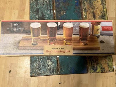 American Vintage 4 Glass Set on Wood Serving Board Pub Style BEER FLIGHT ***NEW