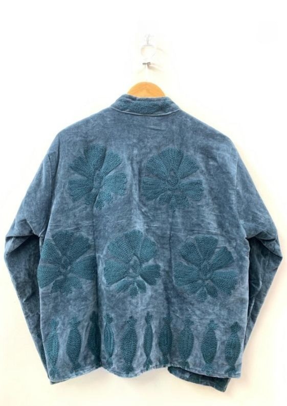 Sky Blue Suzani Velvet Jacket For Her~Floral Embroidery Coat For Birthday Gift