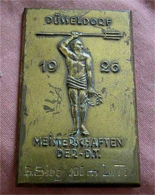 GERMANY BRONZE PLAQUE DUSSELDORF MEISTERSCHAFTEN DER-D.T.-3 SIEG 100M L.Ti 1926