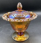 Indiana Carnival Glass Marigold Harvest Grape Lace Compote Candy Dish w/ Lid Vtg