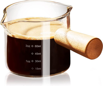 Espresso Cups with Wood Handle, Double Spout Glass Measuring Cup with Dual Scale