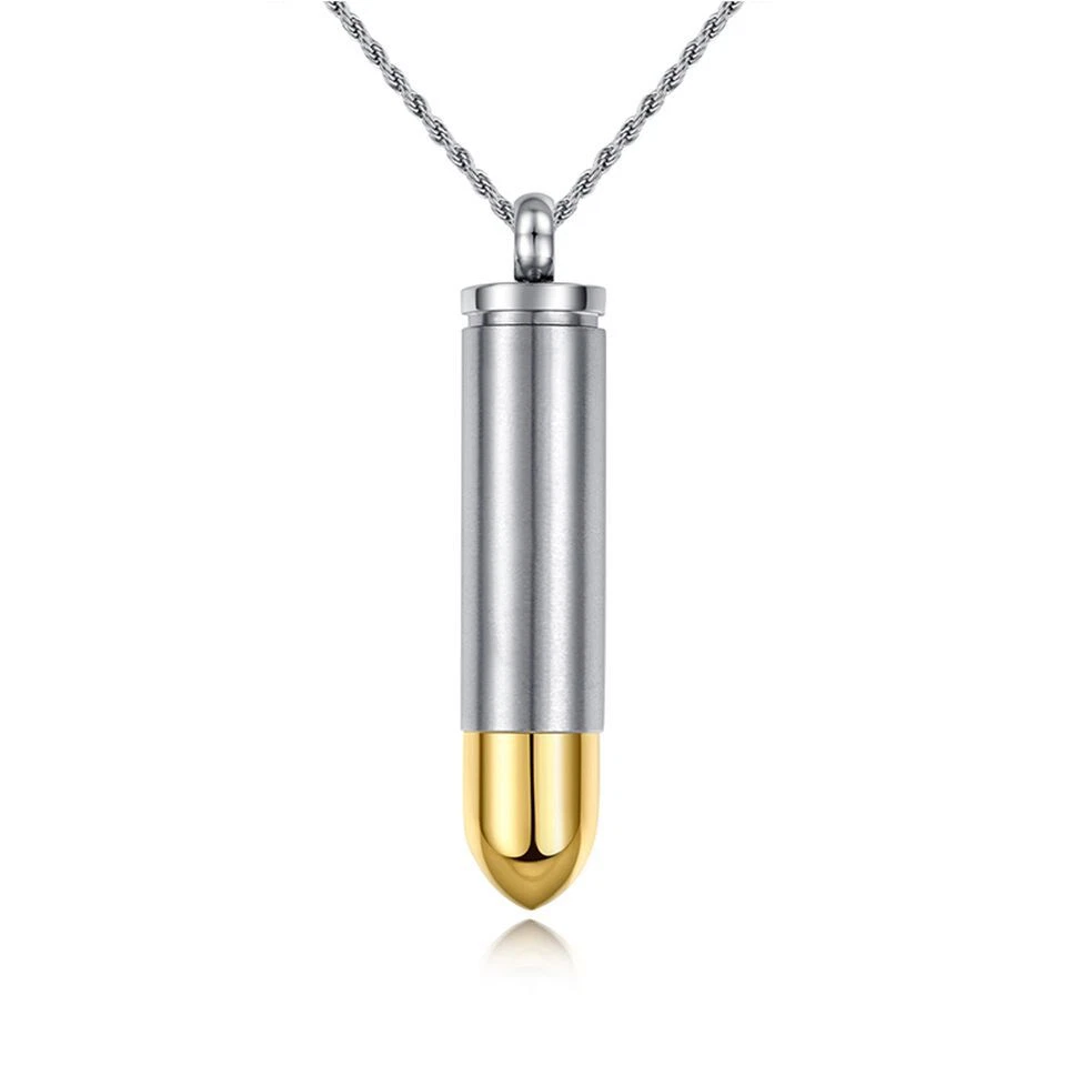 Gold Silver Color Bullet Pendant Necklace Funeral Cremation Urn for Ashes