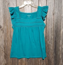 NEW Loft MP PM Teal Lace Ruffle Flutter Top Green Peasant Boho Cottage Coquette