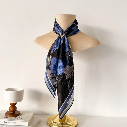 100% Silk Women Black Blue Rose Flowers Kerchief Square Bandana Wrap 27'' Scarf - Picture 1 of 5