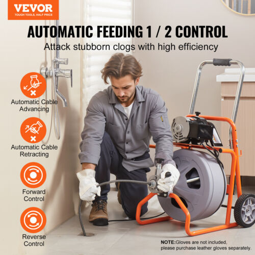 VEVOR Drain Cleaner Machine 100FT x 1/2 Inch Auto Feed with Wheels & 8 Cutters - Picture 2 of 12