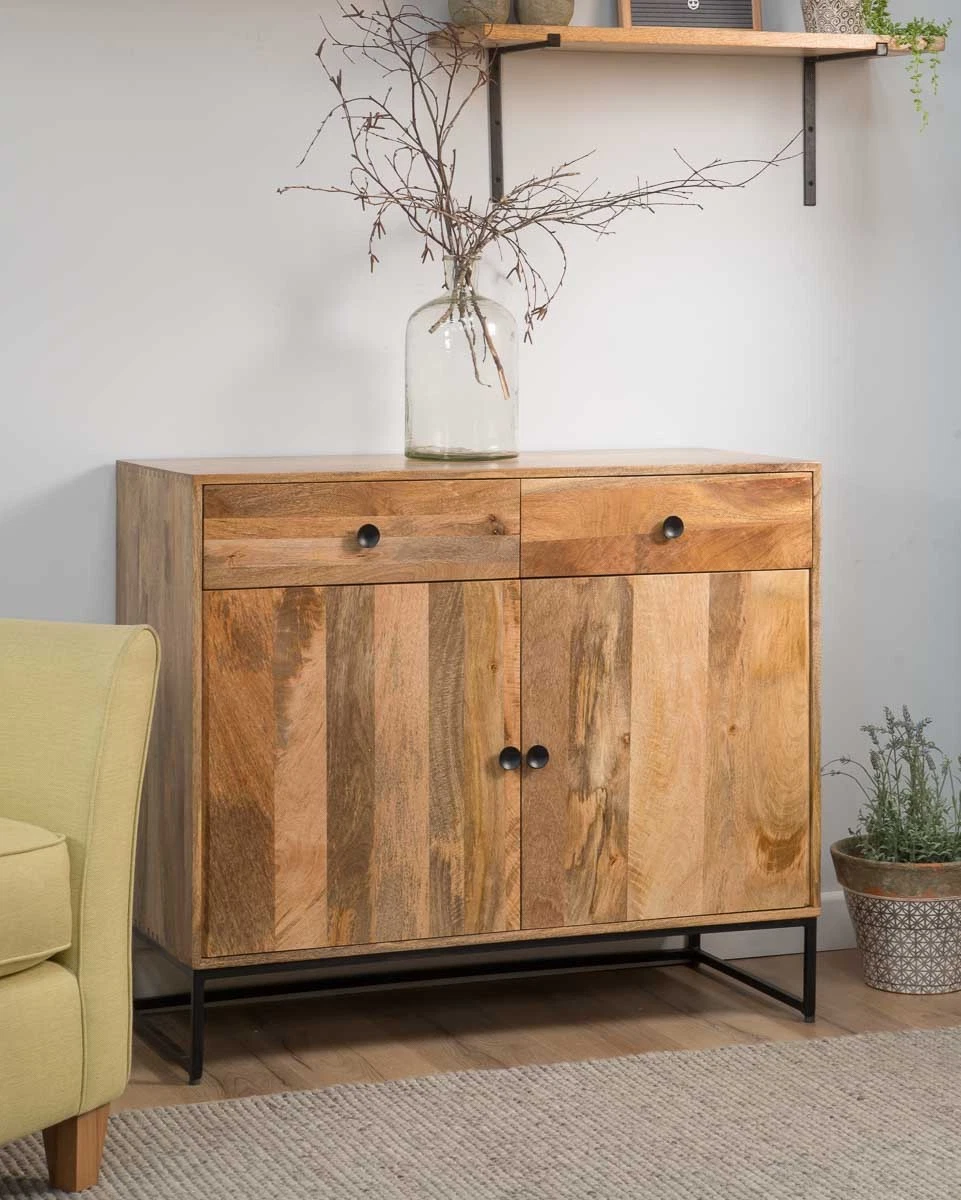 INDUSTRIAL LIGHT SOLID MANGO WOOD SIDEBOARD BUFFET BLACK METAL