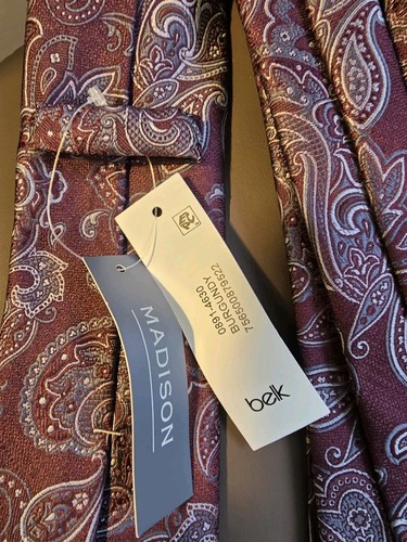 Madison Men’s Tie 100% Polyester Made In China Maroon Gray Paisley Belk NWT - Picture 2 of 6