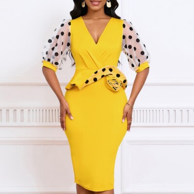 Women's Patchwork Mesh Bubble Sleeve Pencil Skirt Fashion Dress Pencil Dress | eBay Women's Patchwork Mesh Bubble Sleeve Pencil Skirt Fashion Dress Pencil Dress | eBay
