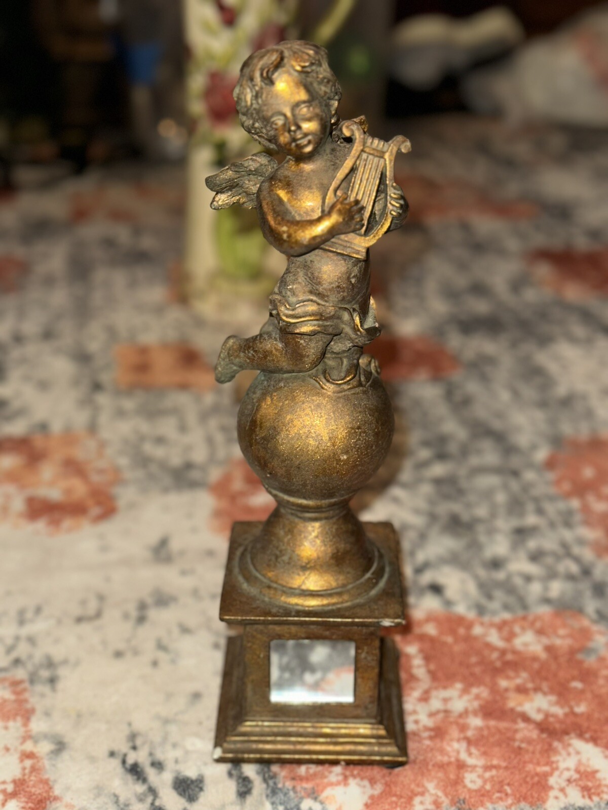 #8C Vintage Cherub Seated on Orb&Square Base & Mirrors. Angel statue/figure