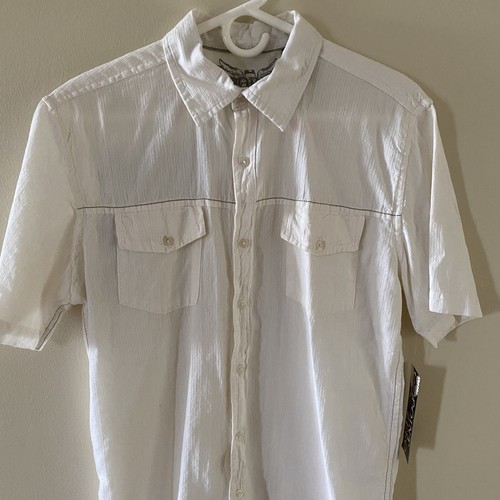 Vintage NWT Point Zero Size Medium M Ivory Button Short Sleeve Shirt Skull Logo - Picture 2 of 15