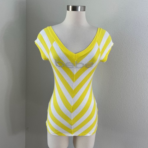 Y2K Bebe Womens XS Yellow White Striped V Neck Stretch Top With Rhinestone Logo
