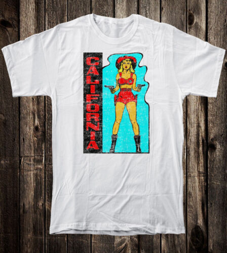 Retro Travel Tee T Shirt Vtg Cowgirl Art Tourist California State Pin Up Girl - Picture 5 of 7