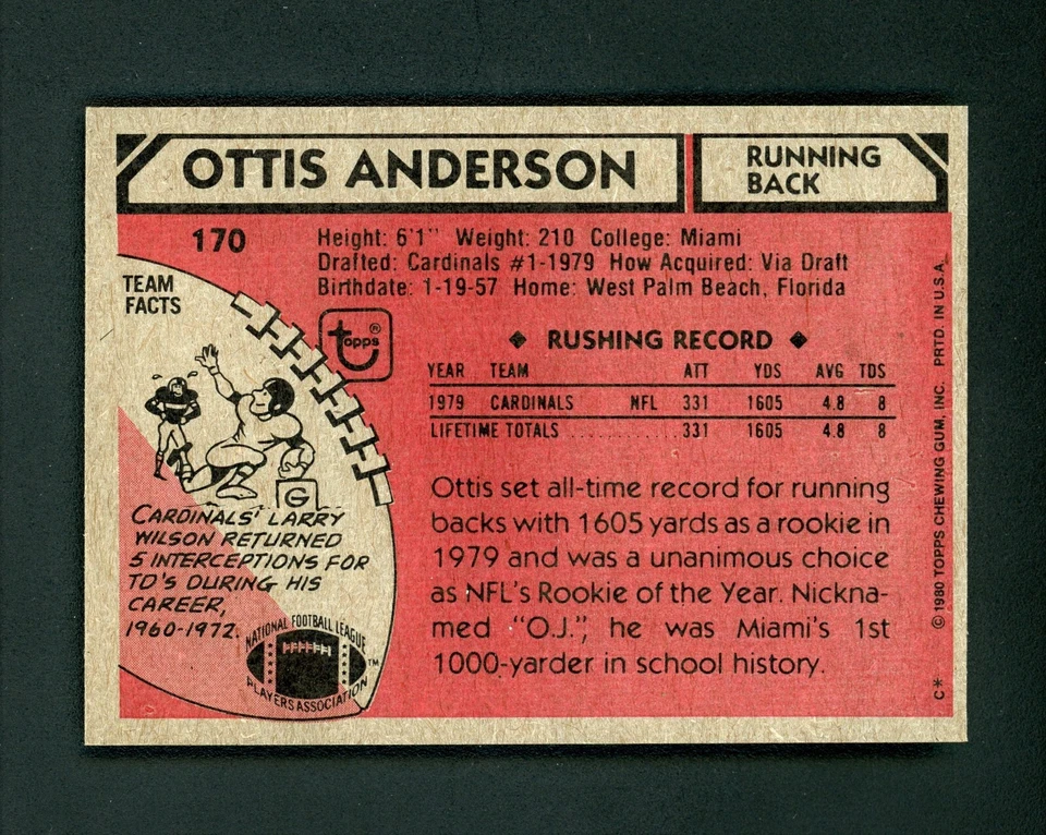 Otis Anderson 1980 Topps All-Pro RC - St. Louis Cardinals #170 NM/MINT - Image 2 of 2