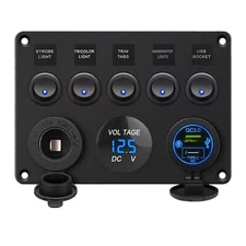 5 Gang Rocker Switch Panel with PD Type-C USB Charger Digital Voltmeter & 12V...