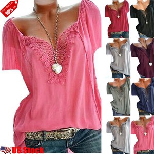 Plus-Size-Women-V-Neck-Lace-Splice-Casual-T-shirt-Ladies-Summer-Loose-Blouse-Top