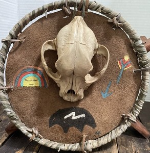 Vintage Handmade Native American Leather Dream Catcher w Raccoon Skull Alaska