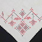 Handmade Cross Stitched Tablecloth White With Red Black Design 34" x 34" Vintage