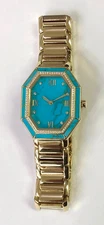 HSN Rarities Gold Tone Stainless Steel Turquoise Octagon Case Bracelet Watch