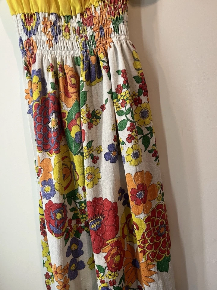 Maxi Vestido Vintage Años 70 Amarillo Floral Manga Globo Cottagecore Boho Talla Pequeña Foto 2 de 4