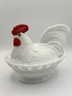 VTG Westmoreland Painted Milk Glass Rooster Dish Hen On Nest Split Tail Lacy