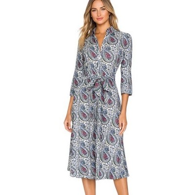 Mary Marshmallow Cotton Paidley Belted Midi Dress Blue size XS retail $178
