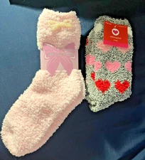 3 PAIRS Fuzzy & Cozy Crew Socks Womens Shoe Size 4-10! Gray Hearts, Pink w/ Bow