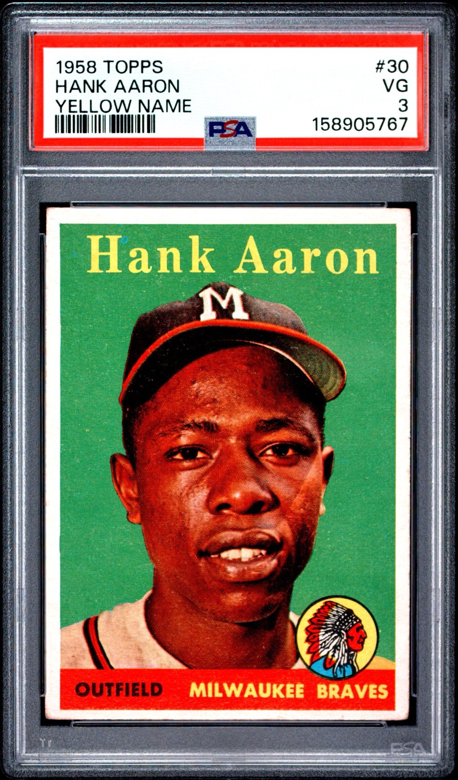 PSA 3 1958 Topps #30B Hank Aaron YN Yellow Name Milwaukee Braves view 2
