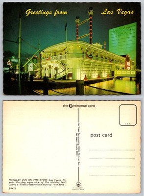 Vintage Las Vegas Holiday Inn Casino Paddlewheel Night View Postcard 1970s