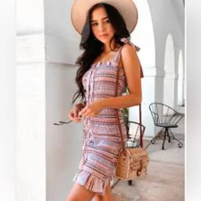 Storia women's size M pink pastel lace up riches bow bandage mini dress striped