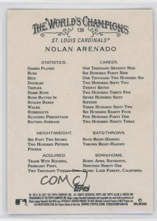 2021 Topps Allen & Ginter's X Nolan Arenado #136 - Image 2 of 2