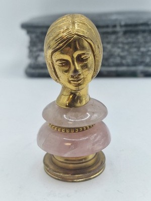 This is a vintage Art Nouveau bronze and rose quartz seal or stamp.