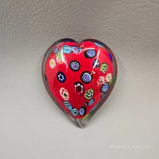 Vintage Murano Glassware Italy Millefiori Red Heart Shaped Paperweight 4" Long