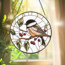 Chickadee Bird Stained Glass Suncatcher, Round Window Hanging Bird Decor Gift