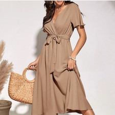 Perout Women's Tan V Neck Wrap Midi Dress Size M Short Sleeve Tie Waist