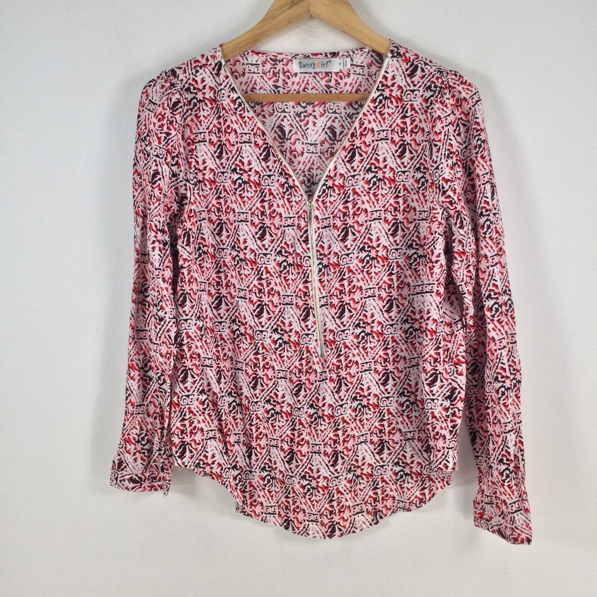 Sunny girl womens blouse top size 10 red geometric long sleeve